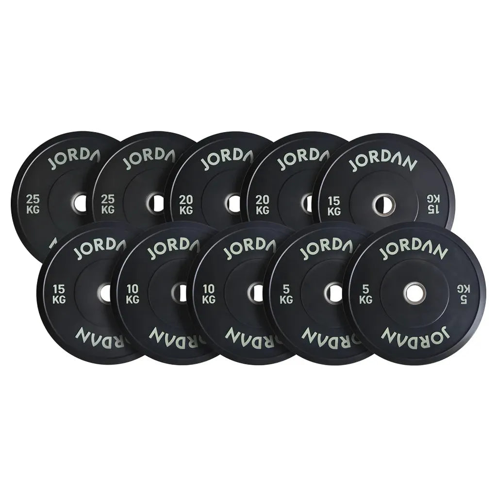 JORDAN 150kg Black Rubber Bumper Plate Set - 2x5kg, 2x10kg, 2x15kg, 2x20kg, 2x25kg